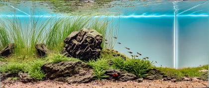 Natürlicher Teich mit Felsen und Schwarmfischen